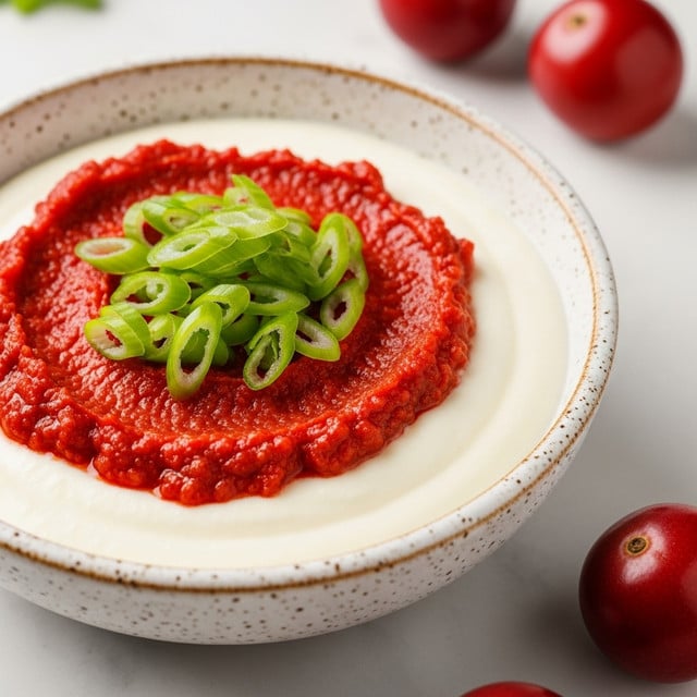 A close-up of a bowl showing two layers: the bottom layer is smooth and creamy white, and the top layer is a thick, chunky red sauce spread evenly over the white layer. Bright green thinly sliced pieces are scattered on top of the red layer. The bowl is white with brown speckles around the edge, placed on a white marbled surface with some whole red round fruits nearby. Photo taken with an iphone --ar 4:5 --v 7