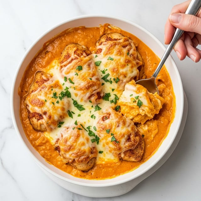 The image shows a creamy baked dish with several pieces of golden brown chicken breasts covered in melted cheese. The cheese on top is bubbly and slightly browned with some green herbs sprinkled over it. The chicken is sitting in a thick, orange creamy sauce that looks rich and smooth. The dish is in a white bowl placed on a white marbled surface. A woman's hand is holding a large spoon, scooping some of the chicken and sauce. The lighting highlights the cheesy, creamy texture and the fresh green herbs on top. Photo taken with an iphone --ar 4:5 --v 7