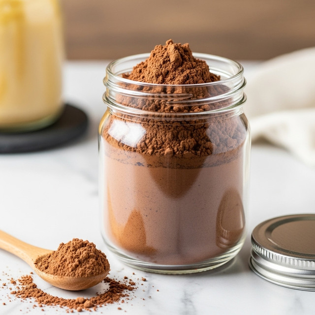 A clear glass jar filled with fine light brown powder, almost full to the top with a slightly uneven surface, sits on a dark wood table next to its open metal lid and a small spoon holding some of the same powder. In the background, there is a blurred glass container with a creamy beige substance on a black coaster. The scene is set on a white marbled texture. photo taken with an iphone --ar 4:5 --v 7
