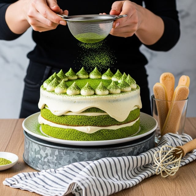 A round cake is shown in three layers, alternating between green sponge cake layers and thick light yellow cream layers, with the cream partially covering the sides in an uneven way. The top layer of the cake is decorated with a circle of evenly spaced cream dollops, dusted with green powder, while more green powder is being sifted over it from above by a woman's hands holding a metal sieve. The cake sits on a white plate, which is placed on a rustic metal stand. A striped cloth is casually arranged at the front on a wooden surface with a white marbled texture background. Nearby, there is a glass with ladyfinger biscuits and a wooden whisk. photo taken with an iphone --ar 4:5 --v 7