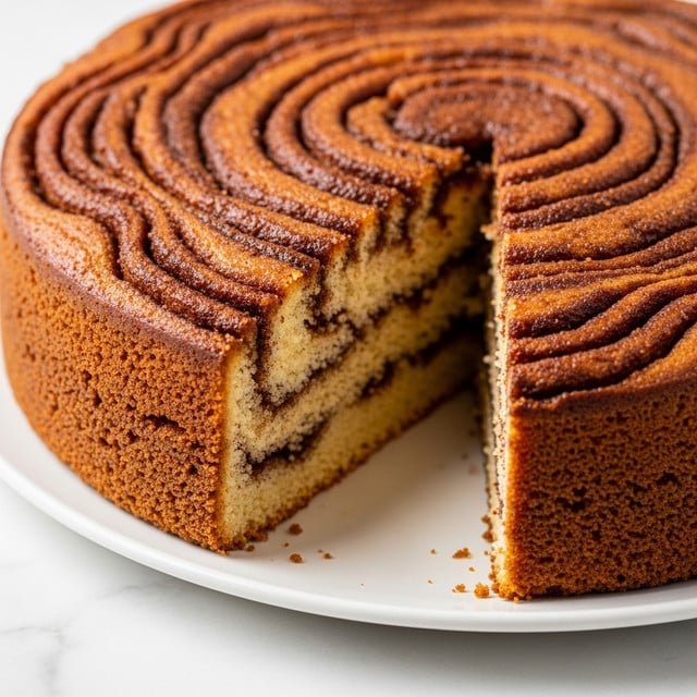 A close-up of a round cinnamon swirl cake with a visible slice removed, showing one thick soft layer of light brown cake with a dense cinnamon sugar swirl pattern on top that is darker brown and slightly shiny. The edges of the cake show a textured crust, and it sits on a white plate placed on a white marbled surface. The focus is on the detailed texture of the cake layers and cinnamon topping. photo taken with an iphone --ar 4:5 --v 7