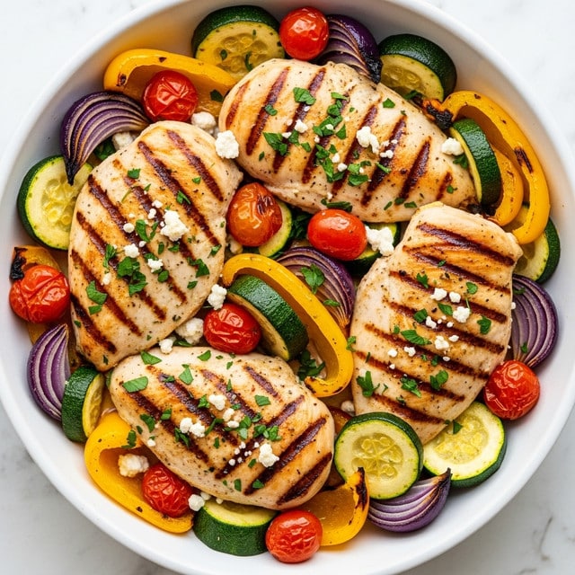 A white dish filled with four grilled chicken breasts, each golden brown with grill marks and sprinkled with chopped green herbs and small white crumbles of cheese. Around and between the chicken layers are vibrant slices of zucchini and yellow bell pepper, roasted red cherry tomatoes, and pieces of red onion, all roasted to a soft texture with some slight charring. The vegetables show a mix of green, yellow, deep red, and purple colors, creating a lively contrast against the chicken. The dish sits on a white marbled surface. photo taken with an iphone --ar 4:5 --v 7
