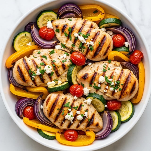 A white oval dish filled with four grilled chicken breasts placed on top in a slightly overlapping arrangement, each chicken piece golden brown with a textured look of herbs and small white cheese crumbles sprinkled on top. Surrounding and beneath the chicken are vibrant layers of roasted vegetables: shiny red cherry tomatoes, green zucchini slices with a tender texture, red onion wedges with slightly translucent edges, and bright yellow and red bell pepper pieces, all mixed evenly. The whole dish is garnished with fresh chopped green herbs giving a fresh, colorful contrast against the warm tones of the cooked ingredients. The dish sits on a white marbled surface. photo taken with an iphone --ar 4:5 --v 7