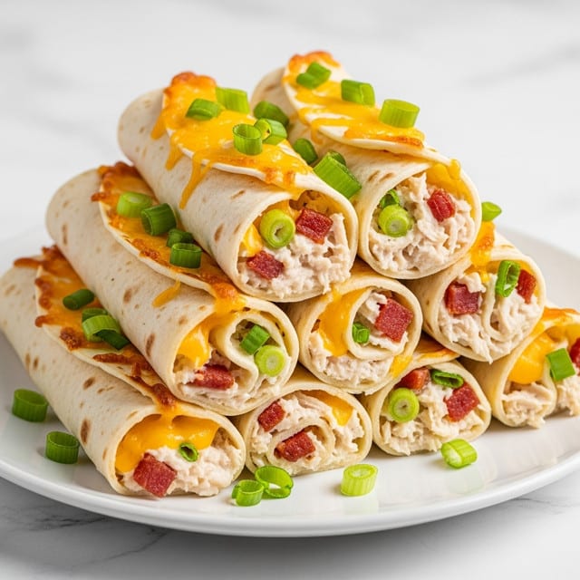 A stack of six rolled tortillas filled with white shredded chicken mixed with creamy white sauce, melted yellow cheddar cheese, and small pieces of crispy reddish-brown bacon. The tortillas are golden and slightly crispy on the edges with melted cheese visible on the outside. Bright green chopped scallions are sprinkled on top and inside the rolls, adding a fresh color contrast. They are arranged on a white plate placed on a white marbled surface. photo taken with an iphone --ar 4:5 --v 7