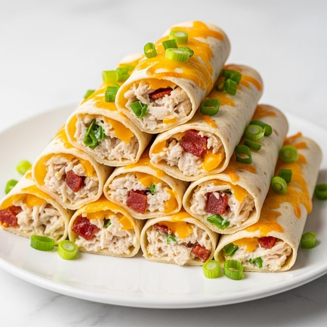 A stack of six rolled tortillas filled with shredded white chicken, melted yellow cheddar cheese, crispy small pieces of reddish-brown bacon, and creamy white sauce inside. The tortillas are golden brown and crispy on the outside. They are garnished with chopped bright green scallions scattered on top and inside. The rolls are placed close together on a white plate that sits on a white marbled surface. Photo taken with an iphone --ar 4:5 --v 7