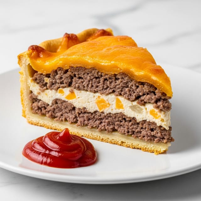 A single slice of a layered meat pie on a white plate sits against a white marbled texture surface. The bottom crust is golden brown and firm, supporting a thick layer of cooked ground beef. Above this is a creamy, lighter layer with bits of cheese mixed in, followed by another dense layer of ground beef. The top layer is melted cheddar cheese, browned and bubbly with some crispy edges. Next to the slice, there is a small, glossy red dollop of ketchup. The image is close-up and shows clear textures of the meat, cheese, and crust. Photo taken with an iphone --ar 4:5 --v 7