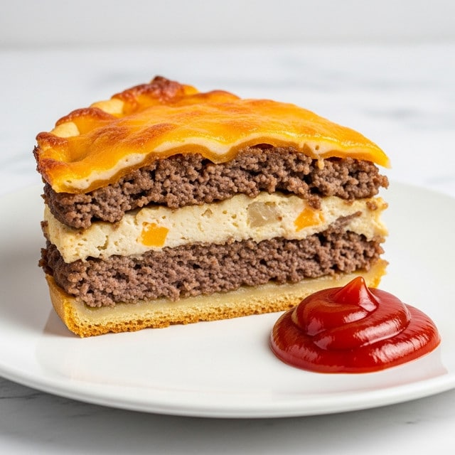 A thick slice of meatloaf sits on a white plate with a small dollop of bright red ketchup beside it. The meatloaf has three distinct layers: the bottom layer is light and creamy with a slightly grainy texture, the middle layer is dense ground beef mixed with visible bits of onion or seasoning, and the top layer is a golden, melted cheese crust that is slightly crispy and bubbly. The crust is browned around the edges, giving a contrast of darker spots to the bright yellow-orange cheese. The plate rests on a white marbled surface. photo taken with an iphone --ar 4:5 --v 7