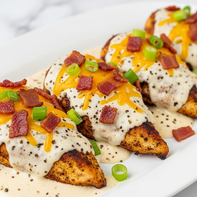 The image shows three pieces of seasoned grilled chicken breast on a white plate, each piece covered with a thick layer of creamy white sauce with black pepper specks. On top of this sauce is a layer of shredded yellow cheddar cheese that melts slightly, adding a soft texture. Scattered over the cheese are crispy, small pieces of reddish-brown bacon and bright green chopped green onions, giving a fresh and crunchy look. The plate sits on a white marbled surface. The focus is on the front piece of chicken, with the other two blurred softly in the back. photo taken with an iphone --ar 4:5 --v 7