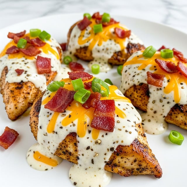 A close-up view of a white plate showing four pieces of seasoned grilled chicken breasts covered in creamy white pepper sauce with specks of black pepper and herbs. Each chicken piece is topped with scattered crispy red bacon bits, melted yellow and orange shredded cheese, and chopped fresh green onions. The sauce pools around the chicken, mixing with the plate’s edge. The background has a soft white marbled texture slightly blurred to keep focus on the food. photo taken with an iphone --ar 4:5 --v 7