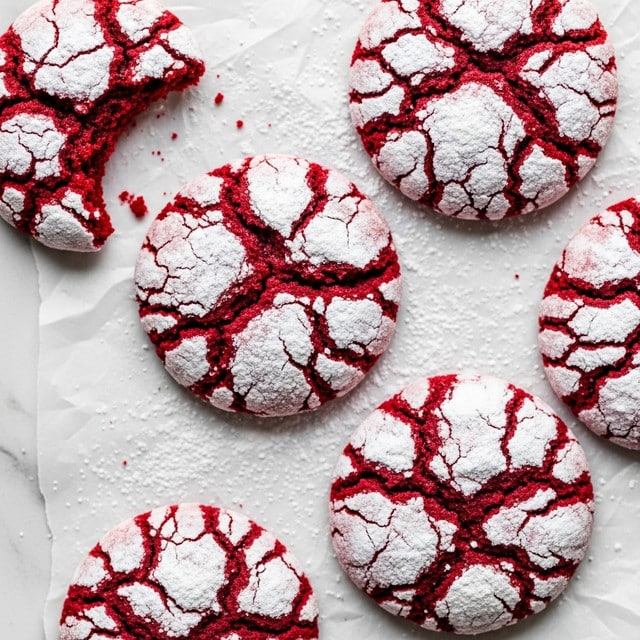 The image shows several round red velvet crinkle cookies laid out on a piece of white parchment paper. Each cookie has a deep red color with a cracked surface covered in a layer of white powdered sugar, creating a contrast between the red dough and the white sugar. One cookie at the top left is broken, showing a moist and soft interior. The cookies are placed on a light wooden board with scattered powdered sugar around them. The texture of the cookies looks soft and slightly chewy with powdered sugar powder creating a rough texture on top. photo taken with an iphone --ar 4:5 --v 7