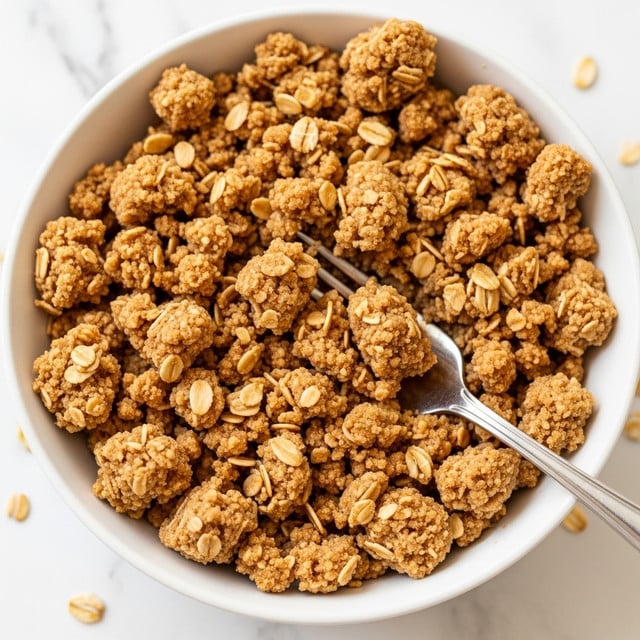 A close-up view of a single layer of crumbly oat topping in a white bowl, showing a mix of small and medium clumps with a golden-brown color and visible oat flakes throughout, accompanied by a silver fork partially resting in the topping. The texture looks crunchy and coarse. The background is a white marbled texture. Photo taken with an iphone --ar 4:5 --v 7