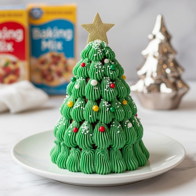 A small Christmas tree-shaped cake sits on a white plate placed on a white marbled surface. The cake is covered with thick, textured green frosting piped in small peaks all around, creating the look of tree branches. It is decorated with colorful round sprinkles in red, green, yellow, gold, and white, along with white sugar crystals that mimic snow. A sparkling gold star topper is placed at the narrow top of the cake, adding a festive finish. Nearby, blurry baking mix boxes and a shiny ceramic tree add to the Christmas theme. photo taken with an iphone --ar 4:5 --v 7