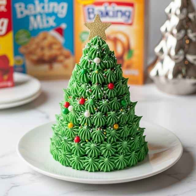 A three-layered Christmas tree-shaped cake covered fully with light green piped frosting that looks like leaves or pine needles, decorated with small colorful round sprinkles in red, green, yellow, white, and gold, along with white sugar crystals scattered all over. On top of the tree stands a large golden glittery star as a topper. The cake sits on a white plate, placed on a wooden table with a white marbled texture background. Photo taken with an iphone --ar 4:5 --v 7