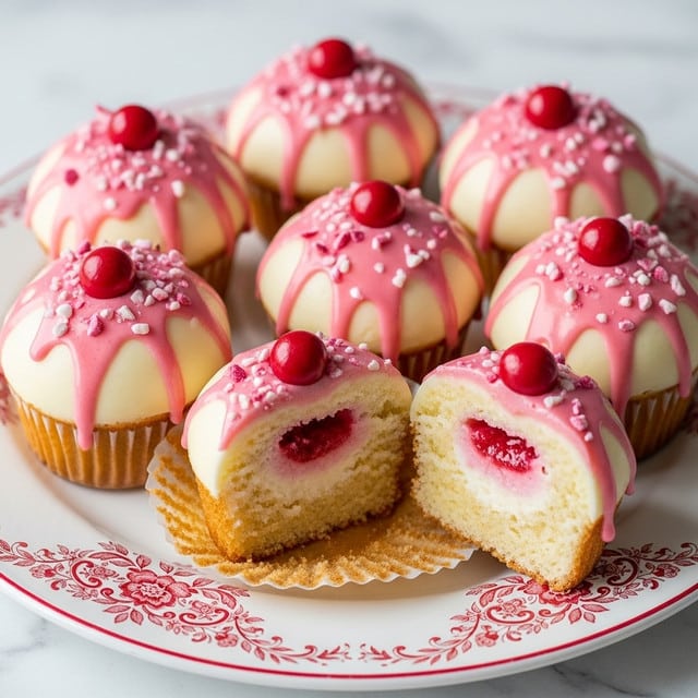 The image shows six round cupcakes on a white plate with red and white floral patterns. Each cupcake has a golden brown base topped with a smooth white icing dome. Pink frosting drips down from the top in thin streams, creating a soft contrast with the white glaze. The top of each cupcake is sprinkled with small pink candy bits, and each is decorated with a single small red candy ball in the center. Two of the cupcakes are cut open, showing a dense light yellow cake interior with a creamy white and pink swirl of filling inside. The plate is placed on a white marbled surface. photo taken with an iphone --ar 4:5 --v 7