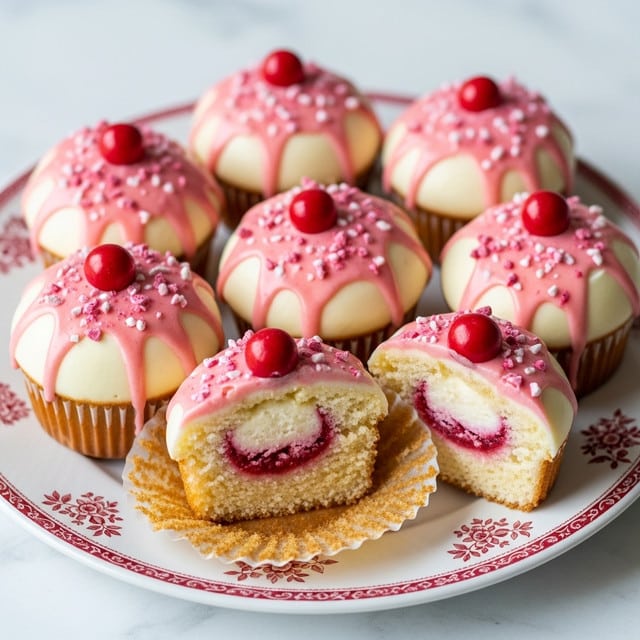 The image shows seven small round cakes arranged closely on a white plate with pink floral patterns. Each cake has a golden-brown base layer and is topped with a smooth white icing layer that drips down the sides in glossy pink streaks. On top of the white icing, there is a sprinkling of bright pink crumbs and a single small red candy crown decorates the peak. One cake is cut in half, revealing a light, fluffy interior with layers of soft pink cream and pink crumbs inside. The plate is set against a white marbled textured surface. Photo taken with an iphone --ar 4:5 --v 7