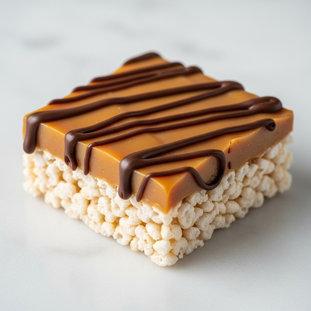 A close-up of a small square dessert with two clear layers: the bottom layer is made of light-colored puffed rice with a rough, airy texture, and the top layer is a smooth, shiny caramel-colored coating. On top of the caramel layer, thick dark chocolate sauces are drizzled in stripes, with some chocolate dripping down the sides. The dessert is placed on a white marbled surface with a few small bits of puffed rice scattered around, and similar desserts blurred in the background. Photo taken with an iphone --ar 4:5 --v 7