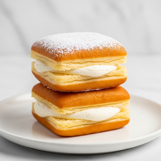 Two square-shaped layered donuts are stacked on top of each other on a white plate placed on a white marbled surface. Each donut has three main layers: the top and bottom layers are golden-brown with a slightly crispy texture, and the middle layer is thick and white, looking creamy and smooth. The top surface of the upper donut is lightly dusted with white powdered sugar, adding a soft texture. The edges of the donuts show a delicate, fluffy inside. The lighting highlights the softness and freshness of the donuts, photo taken with an iphone --ar 4:5 --v 7