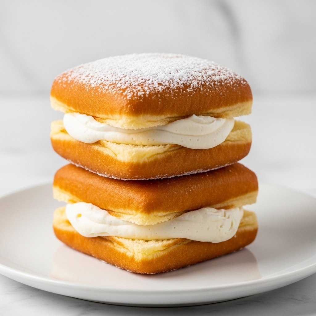 The image shows two square-shaped donuts stacked on top of each other on a white plate. Each donut has two thick layers: a golden-brown fried dough outer layer with a light, airy texture, and a thick white cream filling in the middle. The top donut is dusted lightly with powdered sugar, giving it a soft, powdery white coating. The background is a white marbled texture. Photo taken with an iphone --ar 4:5 --v 7