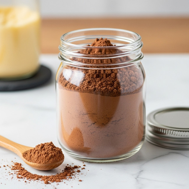 A close-up view of a glass jar filled nearly to the top with fine brown cocoa powder, showing a slightly uneven texture on the surface. The jar’s screw-off metal lid lies to the right on a white marbled surface. In front of the jar, there is a small wooden spoon holding a bit of the cocoa powder, with some powder spilled lightly on the white marbled surface. The background shows a blurred white jar with yellowish contents on a black coaster, and a wooden texture beneath everything, replaced here by white marbled texture. photo taken with an iphone --ar 4:5 --v 7