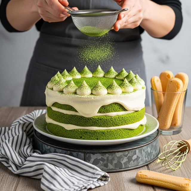 A round cake with three visible layers sits on a white plate, placed on a metal stand. The cake layers alternate between green sponge cake and pale cream filling, with the green sponge showing unevenly in the creamy layers. On top, there are small cream dollops arranged in a circle, dusted with green powder. Above the cake, two woman's hands hold a small metal sieve, sifting green powder evenly over the top of the cake. The background is a white marbled texture, and the scene includes a glass filled with ladyfingers and some kitchen items. A striped cloth lies in the foreground. photo taken with an iphone --ar 4:5 --v 7