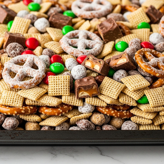 The image shows a close-up of a snack mix piled high in a white tray, featuring a colorful mix of crunchy ingredients. The base is made of light tan square cereal pieces with a grid pattern and a rough texture, mixed with small, glossy red and green candy-coated chocolates scattered throughout. There are golden brown pretzels with a shiny coating, some dusted lightly with a white powdery sugar. Small peanut clusters covered in a sugary glaze add texture, and broken bits of chocolate peanut butter cups with brown and beige layers peek through the mix. The background is a smooth white marbled surface. photo taken with an iphone --ar 4:5 --v 7