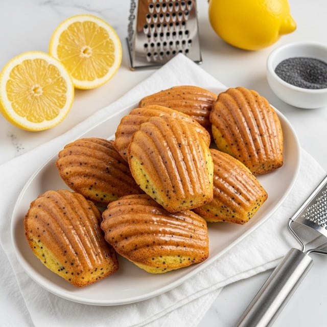A shiny silver oval plate holds eight lemon poppy seed madeleines, with five showing a light golden-brown shell shape dusted with a thin white glaze, and three showing their yellow inside speckled with black poppy seeds. The plate is placed on a white cloth atop a white marbled surface. Around the plate, there are two lemon halves, three whole bright yellow lemons, a white small bowl filled with black poppy seeds, a white spoon with poppy seeds, and a metal grater. The colors are mostly yellow, silver, white, and black against the soft textured background. Photo taken with an iphone --ar 4:5 --v 7