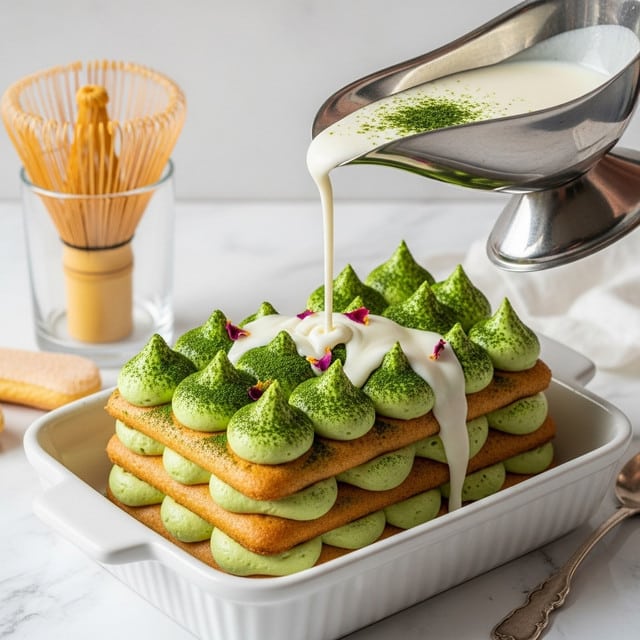A white rectangular dish holds a layered dessert with three visible layers of light green cream, alternated with three layers of light brown cake sticks covered with green powder, topped with dollops of the same green cream dusted in the same green powder and tiny bits of red flower petals. White cream is being poured over the dessert from a silver sauce boat that has green powder on its edge. In the background, there is a clear glass with light brown ladyfinger biscuits and a bamboo whisk on a white marbled surface. photo taken with an iphone --ar 4:5 --v 7