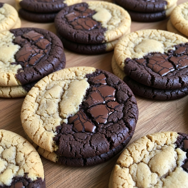 The image shows several round cookies placed closely on a light wooden surface with a white marbled texture. Each cookie is visually divided into two parts: one half is a light golden brown with a slightly cracked, soft texture, and the other half is a dark chocolate brown with a cracked, fudgy texture. The cookies have an uneven, natural break line where the two halves meet, showing a mix of soft and rich colors and textures. They are arranged in a casual, slightly overlapping manner, emphasizing their homemade, fresh-baked look. Photo taken with an iphone --ar 4:5 --v 7