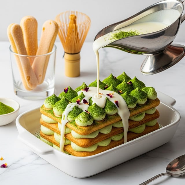The dish shows a layered dessert with three thick layers of light brown ladyfinger biscuits, each separated by a smooth, pale green cream with a soft texture. On top, there are dollops of the same green cream dusted generously with bright green matcha powder, along with small red flower petals scattered around. White creamy liquid is being poured over the dessert from a silver jug, adding a flowing contrast. The dessert is served in a white dish on a surface with a white marbled texture. In the background, a clear glass contains more ladyfinger biscuits standing upright. Photo taken with an iphone --ar 4:5 --v 7