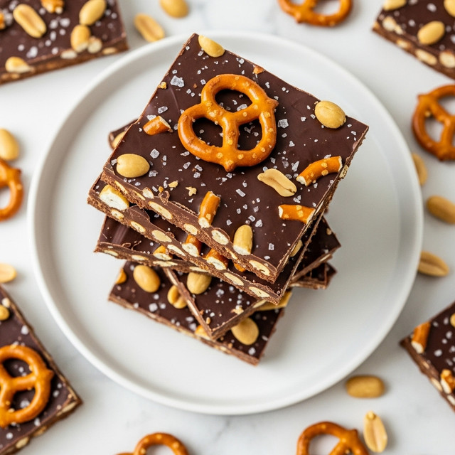 The image shows a stack of uneven square pieces of chocolate bark on a round white plate. Each piece has a dark brown color and is topped with light brown peanuts and broken orange-brown pretzel pieces. Some salt flakes are scattered over the bark, adding a bit of texture. The plate sits on a white marbled surface, and extra pretzels and peanuts are scattered around it for decoration. The chocolate bark has a smooth but slightly bumpy texture due to the nuts and pretzels mixed in. photo taken with an iphone --ar 4:5 --v 7