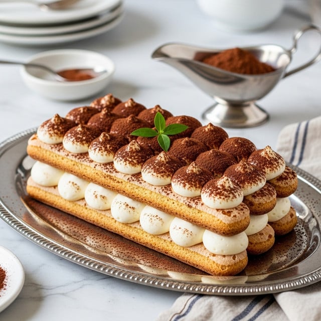 A two-layer tiramisu dessert sits on a shiny silver oval plate placed on a white marbled surface. The bottom layer is a light brown, slightly textured soaked biscuit base, topped with evenly spaced, creamy white dollops of smooth mascarpone cream, dusted lightly with brown cocoa powder. The second layer is another soaked biscuit similar to the first, topped again with a neat row of creamy dollops sprinkled with cocoa powder. A small sprig of green rosemary decorates the top center. In the background, there is a metal gravy boat filled with cocoa powder, a white bowl partially visible, and a bottle with a colorful label. A striped cloth is on the bottom left corner. photo taken with an iphone --ar 4:5 --v 7