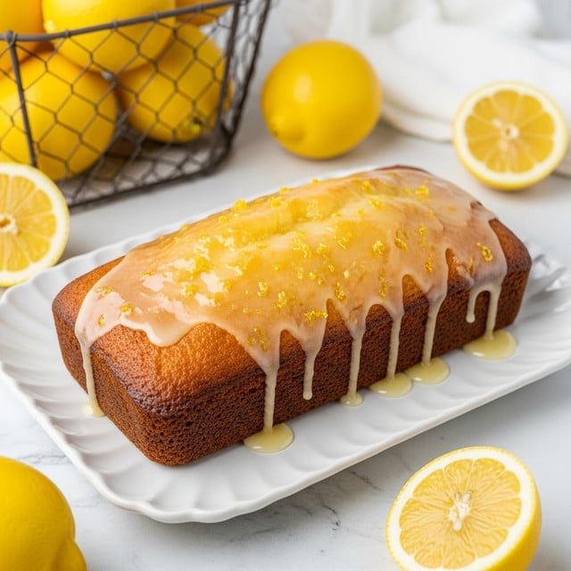 The image shows a single-layer rectangular lemon cake on a white, scalloped plate. The cake has a golden-brown crust with a shiny, slightly wet glaze dripping gently down the sides. The top of the cake is glossy with a light yellow lemon icing and small bits of lemon zest scattered over it. Fresh whole and cut lemons are placed around the plate, and a wire basket with more lemons is visible in the background. The scene is set on a white marbled surface. photo taken with an iphone --ar 4:5 --v 7