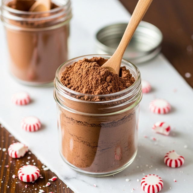 A clear glass jar filled with light brown powdery cocoa mix, almost full, with a wooden spoon sticking out from inside the jar. The powder shows a slightly uneven surface texture. Behind it, another similar jar with a metal lid is blurred in the background. In the foreground, on a dark wooden surface, there are a few whole and broken red and white peppermint candies scattered, adding a festive touch. The whole scene is set against a white marbled texture background. photo taken with an iphone --ar 4:5 --v 7