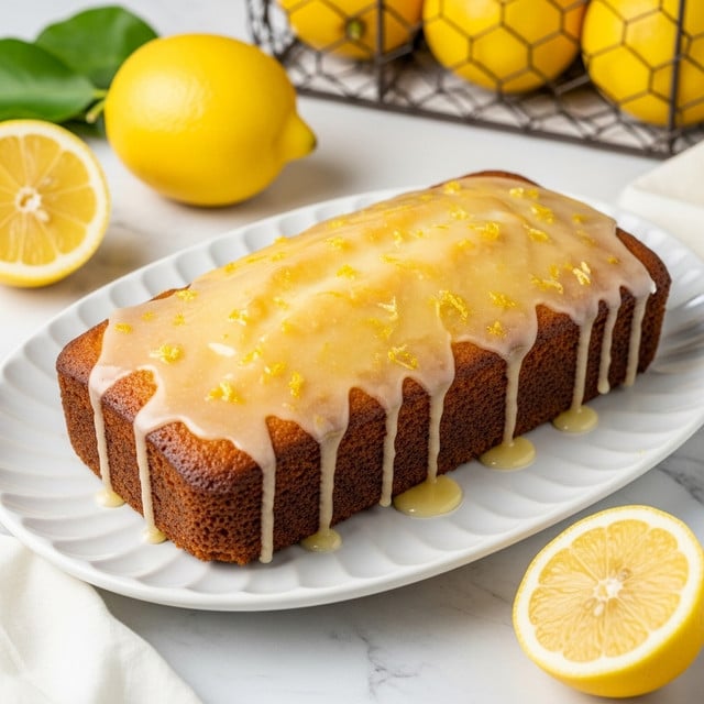 A single rectangular lemon loaf cake sits on a white scalloped plate placed on a white marbled surface. The cake has a golden-brown crust with a shiny light glaze dripping gently down its sides. The top is covered with a glistening, slightly uneven layer of lemon icing, sprinkled lightly with small bits of lemon zest that add texture and color. Around the plate, bright yellow whole lemons and one lemon half are visible, along with a wire basket holding more lemons slightly blurred in the background. The lighting highlights the moist texture and lemon details clearly. photo taken with an iphone --ar 4:5 --v 7