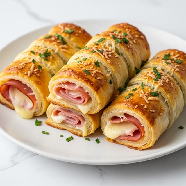 The image shows three golden brown puff pastry rolls on a white plate, placed on a white marbled surface. Each roll has many flaky, crispy layers with a shiny, baked texture on the outside. Inside, layers of melted cheese and pink ham are visible, folded within the pastry. The rolls are topped with small green chopped herbs scattered evenly on top, adding a fresh color contrast. The flaky pastry looks crunchy and slightly puffy, with a light sprinkling of grated cheese baked into the surface. Photo taken with an iphone --ar 4:5 --v 7