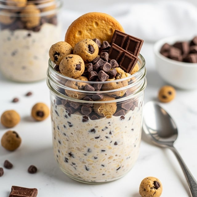 The image shows a small clear glass jar filled with a creamy beige mixture speckled with small dark chocolate pieces. The jar is topped with a layer of mini cookies and broken chocolate chunks, with one round cookie standing upright at the back edge of the jar. In the background, there is a second jar with the same dessert, slightly out of focus. The jars sit on a white marbled surface scattered with small cookie crumbs and chocolate pieces, with a silver spoon lying nearby. Soft natural light highlights the textures and colors, creating a warm and inviting look. Photo taken with an iphone --ar 4:5 --v 7