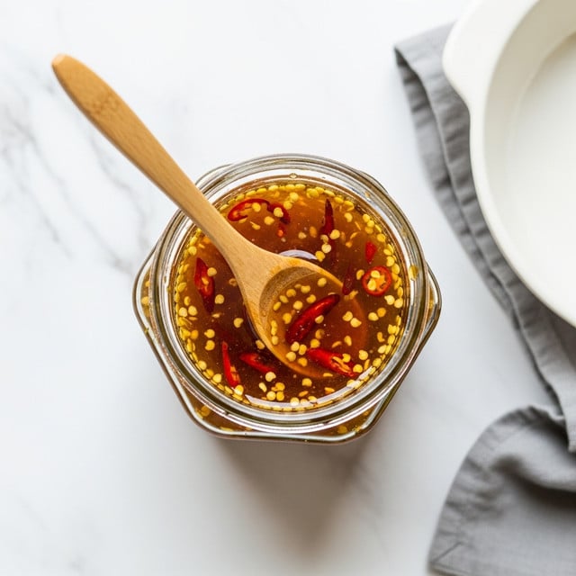 A clear glass jar with a fluted outer design is filled with a golden brown chili sauce that has visible chili flakes and seeds suspended throughout. A light wooden stick is dipping into the jar from the right side, stirring the sticky sauce. The jar is placed atop a white marbled surface, adding a clean and bright background. The sauce has a shiny, slightly thick texture with little bubbles catching the light. Photo taken with an iphone --ar 4:5 --v 7