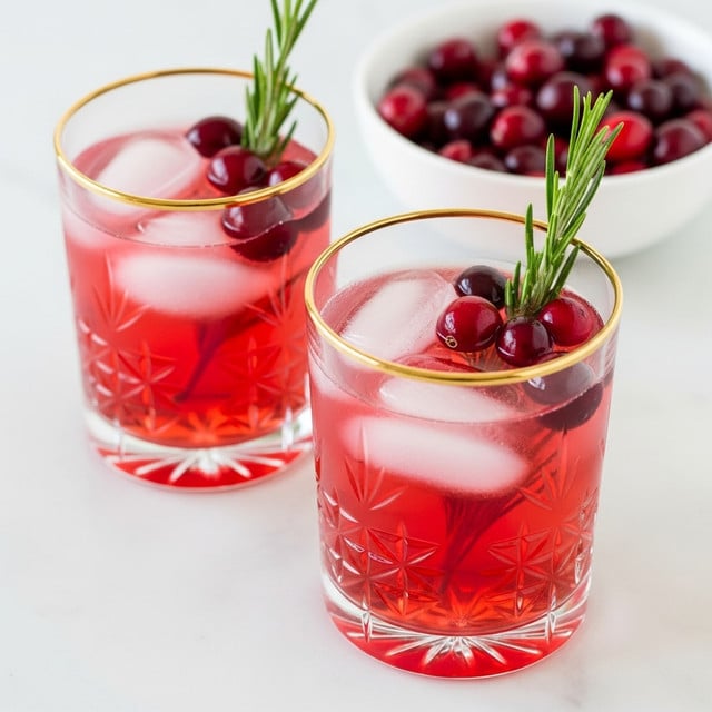 The image shows a close-up of a clear glass with a gold rim filled with a pinkish-red drink and big ice cubes. On top of the drink, there are a few dark red cranberries and a small green rosemary sprig resting on the rim. In the blurred background, another similar glass is visible, also with ice and cranberries. There is a small white bowl filled with cranberries placed on a white marbled surface behind the glasses. The drink looks fresh and cool, with light reflecting on the glass’s cut pattern. Photo taken with an iphone --ar 4:5 --v 7