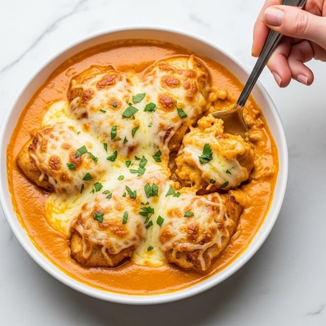 The image shows a creamy baked dish with several chicken pieces covered in melted cheese and golden brown spots. The chicken is layered with a thick, orange-colored sauce beneath and topped with a sprinkle of green herbs. The cheese looks bubbly and slightly crispy on top. The dish is in a white baking dish set on a white marbled surface. A woman's hand is partially visible, holding a piece of chicken with a crispy edge. Photo taken with an iphone --ar 4:5 --v 7