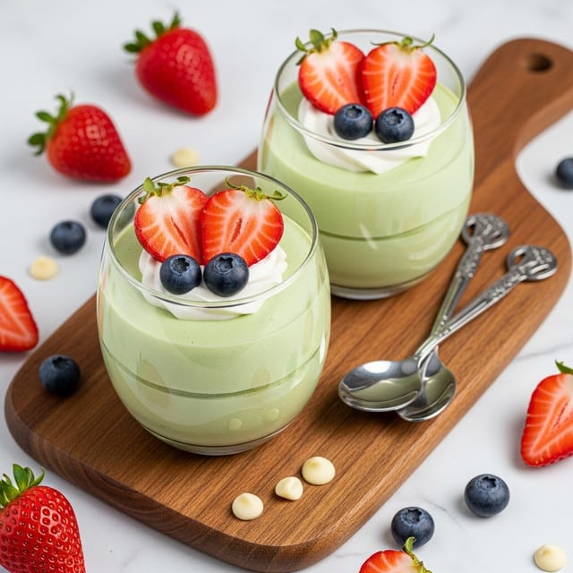 Two clear glass cups filled with three layers: a dense pale green creamy base, topped with a layer of white whipped cream, and decorated with a halved bright red strawberry and two dark blue blueberries on each cup. The cups sit side by side on a wooden board placed on a white marbled surface. Around the board, there are scattered fresh whole strawberries and blueberries, along with a few white chocolate chips. Two vintage silver spoons rest on the wooden board near the cups. In the background, soft white fabric adds a gentle texture. Photo taken with an iphone --ar 4:5 --v 7
