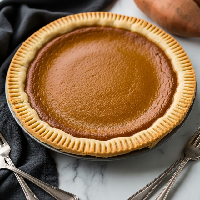 A pumpkin pie sits on a round metal pie pan, showing one smooth top layer of rich brown pumpkin filling with a slightly darker edge where it meets the crust. The crust forms one even layer with a golden color and a fork-pressed pattern along the rim, creating a textured border around the pie. The pie is placed on a white marbled surface, and part of a dark cloth and some silver forks are visible near the pan. There is a brown sweet potato in the background. photo taken with an iphone --ar 4:5 --v 7