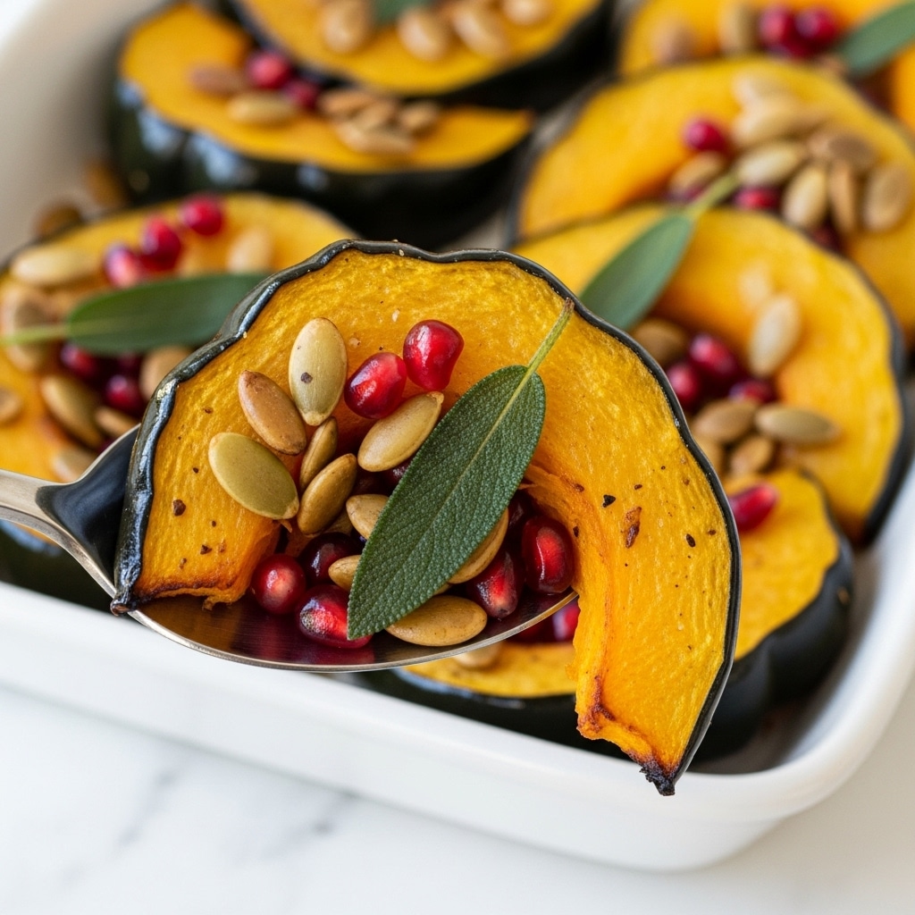 A close-up of a silver spoon lifting a slice of roasted acorn squash with a dark green outer skin, bright orange soft-fleshed interior, and caramelized browned edges. The squash slice is topped with scattered golden toasted pumpkin seeds, shiny red pomegranate seeds, and a single green sage leaf. In the blurred background, more slices of the same roasted squash with similar toppings fill a white rectangular dish resting on a white marbled surface. The colors are warm and inviting, showing a mix of orange, green, red, and golden brown textures. Photo taken with an iphone --ar 4:5 --v 7