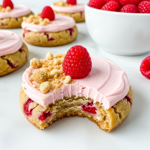 A close-up view of a round cookie with a crunchy, golden-brown base mixed with bits of red berry throughout. On top, there is a thick layer of smooth, pale pink frosting that covers the whole cookie evenly. Crumbled light brown crumbs are sprinkled on one side of the frosting, with a single fresh red raspberry placed in the center. The cookie has a bite taken out of it on one side, showing the soft, textured inside. In the background, other cookies with the same layers and a white bowl filled with fresh raspberries sit on a white marbled surface. Photo taken with an iphone --ar 4:5 --v 7