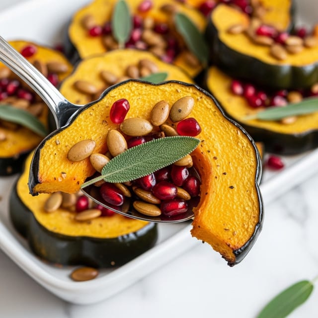 A close-up of a roasted slice of dark green acorn squash with a caramelized orange inside, topped with golden toasted pumpkin seeds, bright red pomegranate seeds, and a single green sage leaf resting on a silver spoon. Below the spoon, a white plate with many similar slices of roasted squash, scattered pomegranate seeds, pumpkin seeds, and green sage leaves creates a colorful and textured background. The setting is on a white marbled surface. photo taken with an iphone --ar 4:5 --v 7