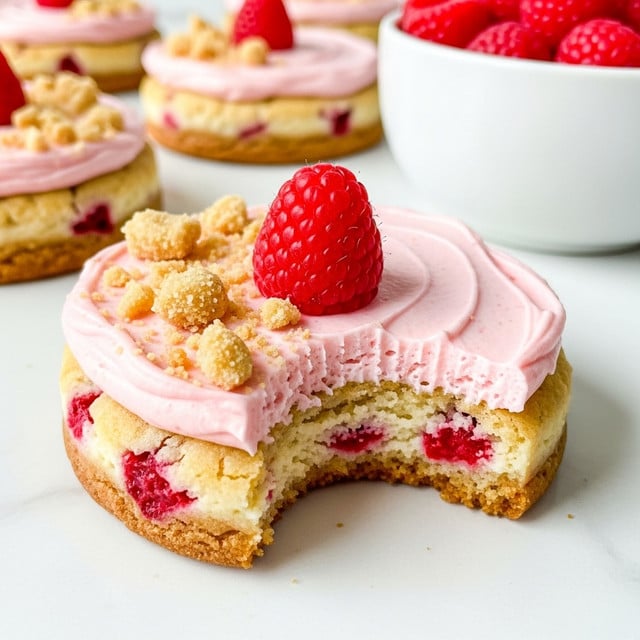 A close-up view of a cookie with visible red raspberry bits baked inside the golden brown dough as the base layer. On top, there is one thick layer of smooth, light pink frosting with some tiny berry pieces mixed in. The frosting is slightly rounded and creamy. Crumbled beige cookie bits are sprinkled on one side of the frosting. A single plump, bright red raspberry with a bumpy texture sits nicely on top near the crumb sprinkles. The cookie has a bite taken from the side, showing its soft inside. The treats are placed on light brown parchment paper with a white marbled textured background, with a small white bowl filled with red raspberries blurred in the background. Photo taken with an iphone --ar 4:5 --v 7