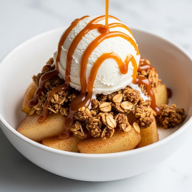 A white bowl filled with a warm apple crumble dessert showing three layers: the bottom layer is soft cooked apple slices with a light brown color and visible cinnamon specks, the middle layer is a golden brown crunchy oat crumble topping, and the top layer is a smooth scoop of white vanilla ice cream drizzled with glossy golden caramel sauce. The bowl sits on a white marbled surface. photo taken with an iphone --ar 4:5 --v 7