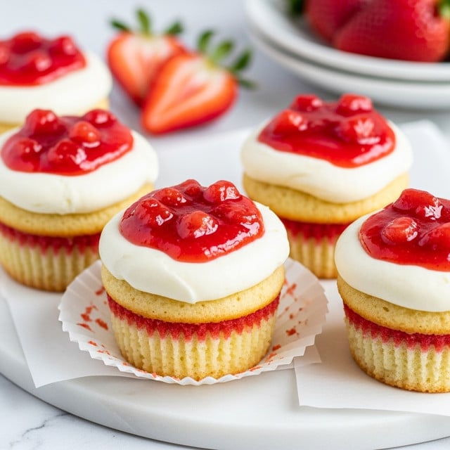 The image shows four vanilla cupcakes on a white marbled surface with a white paper underneath some of them. Each cupcake has two layers: a bottom vanilla cake layer with a light golden color and a top swirl of white creamy frosting. On top of the frosting, there is a red strawberry sauce with small chunks of strawberry, giving a glossy and textured look. In the background, there is a half-cut fresh strawberry and a white plate with whole strawberries blurred out. Photo taken with an iphone --ar 4:5 --v 7