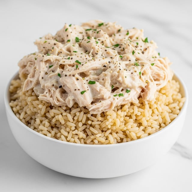 A close-up view of a white bowl filled with shredded chicken mixed with creamy sauce, showing a top layer of tender, pale beige chicken strands evenly coated with a light cream-colored sauce and specks of black pepper and herbs scattered on top. Underneath, a layer of cooked brown rice is just visible, adding a subtle grainy texture and light brown color to the base. The bowl is placed on a white marbled surface, creating a clean and bright background. photo taken with an iphone --ar 4:5 --v 7