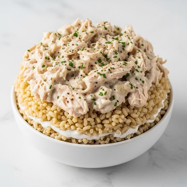 A white bowl filled with a layered dish starting with a base layer of light brown cooked rice, topped generously with shredded, pale beige chicken mixed with a creamy white sauce that has visible specks of black pepper and greenish herbs sprinkled throughout. The chicken layer looks moist and tender, covering most of the rice underneath, all set on a white marbled surface. photo taken with an iphone --ar 4:5 --v 7