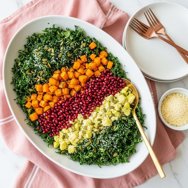 A large white oval plate holds a colorful salad with three main visible layers: dark green chopped kale as the base, scattered bright orange cubes of roasted squash, and small red pomegranate seeds sprinkled throughout. The salad is topped with light shreds of white cheese and some tan pumpkin seeds, adding texture. A shiny bronze spoon rests on the right side of the plate, partially submerged in the salad. Next to the plate is a white bowl filled with grated white cheese, and on the right is a plain white round plate with two bronze forks crossing on its surface. All items are arranged on a soft pink textured cloth over a white marbled surface. photo taken with an iphone --ar 4:5 --v 7